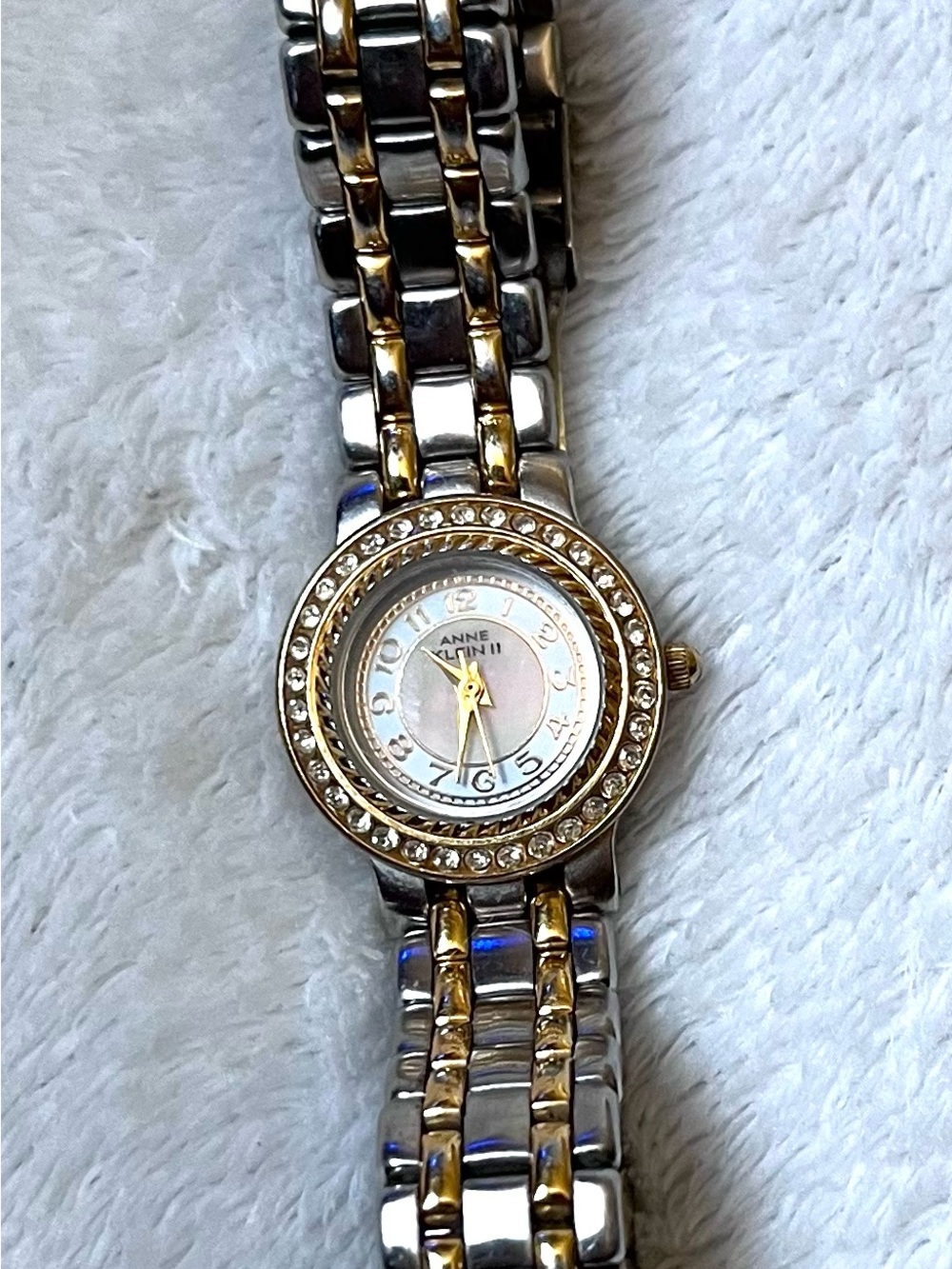 Anne Klein Two-Tone Silver and Gold Crystal Bezel Women’s Watch - New Battery